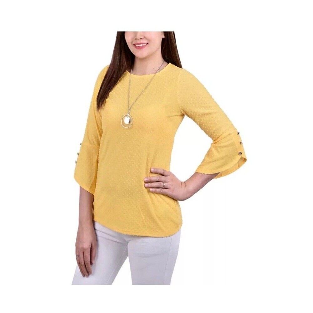 NY Collection Women's 3/4 Tulip Sleeve Blouse Yellow Stretch Blouse Size PS